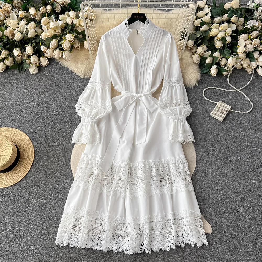

New In Dresses Women Clothing V Neck Pleated Detail Cutwork Embroidery Lace Midi Dress Long Sleeve Tie Belt Elegant Party Dress