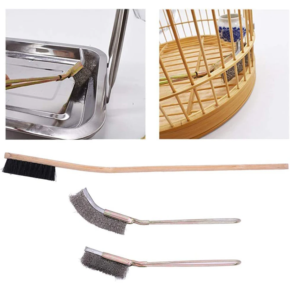 3Pcs Long Handle Bird Cleaning Brush 3 Sizes Bamboo And Stainless Steel Pets Cage Cleaning Brushes With Hanging Holes