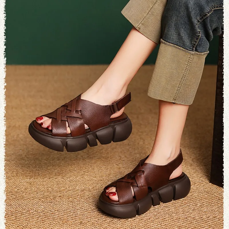 Women's Sandals New Summer 2024 Platform Open Toe Cross Weave Women's Sandals Handmade Top Layer Cowhide Women's Sandals