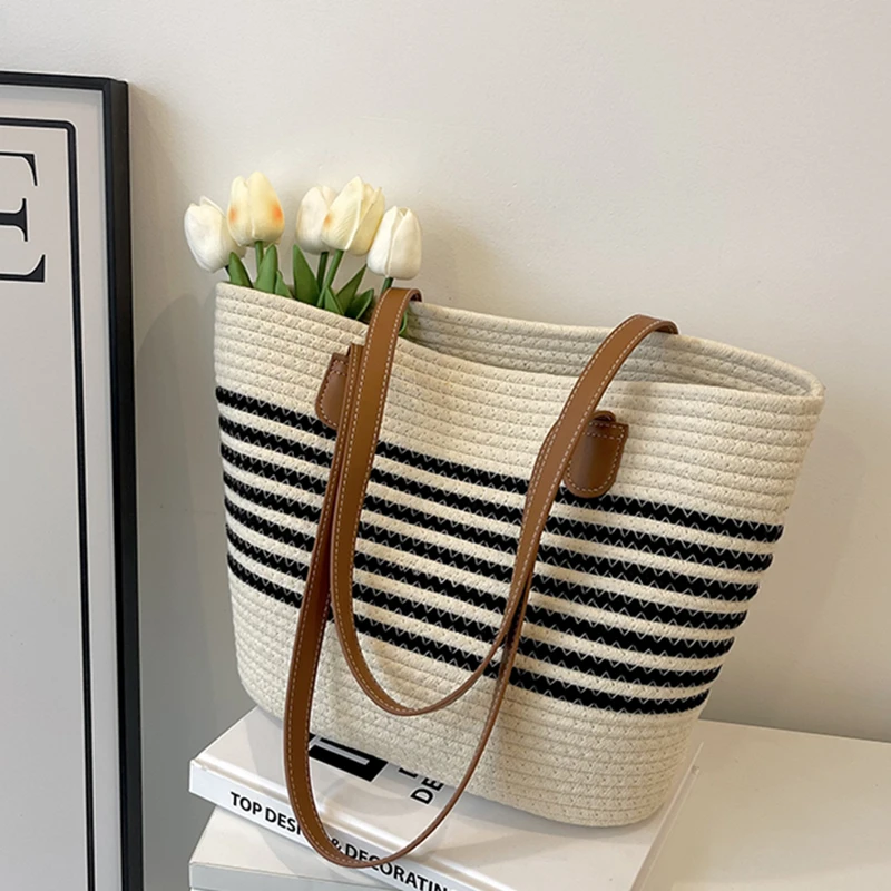 

Large Capacity Beach Shopping Bag Luxury Design Cotton Thread Woven Shoulder Bag Women Handmade Straw Handbags Summer Travel Bag