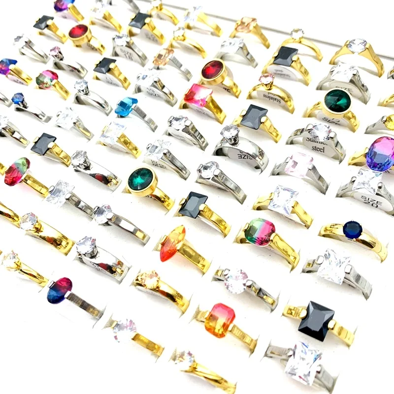 

Wholesal 30PCs Stainless Steel Rings For Women Men Fashion Jewelry CZ Stone Silver Color Gold Plated Sparkling Party Gifts