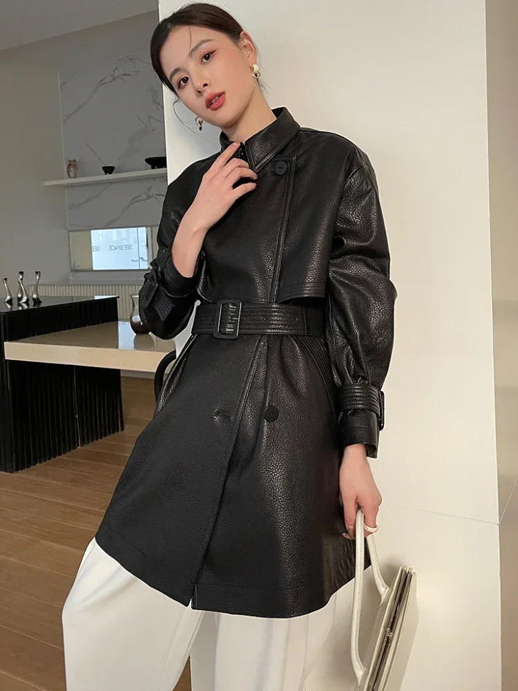 

Long Real Sheepskin Trench Coat for Women Autumn 2024 New Simple Slim Double-breasted Genuine Leather Jacket with Belt
