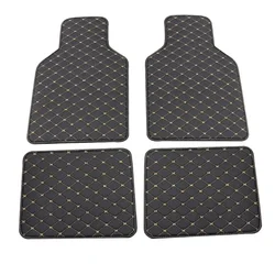 Premium Universal Car Floor Mats - Set of 4 PU Leather Liners (Black Beige)
