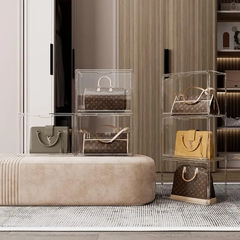 

Clear Plastic Handbag Storage Organizer for Closet, Acrylic Display Case for Handbag and Purse, Luxury Stackable Magnetic Door