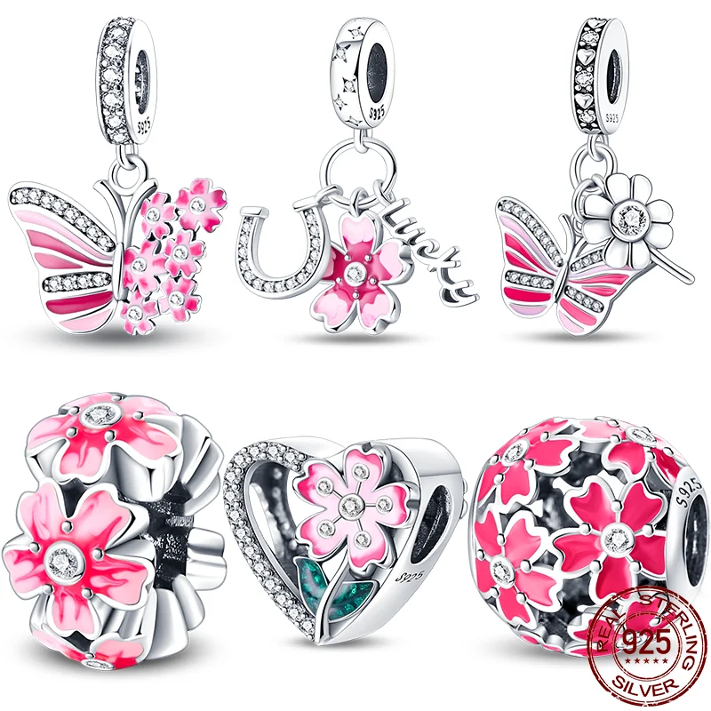 

Fit Pandora 925 Original Bracelet Charms 100% 925 Silver Pink Butterfly Cherry Blossom Series Charm Beads Fit DIY Jewelry Making