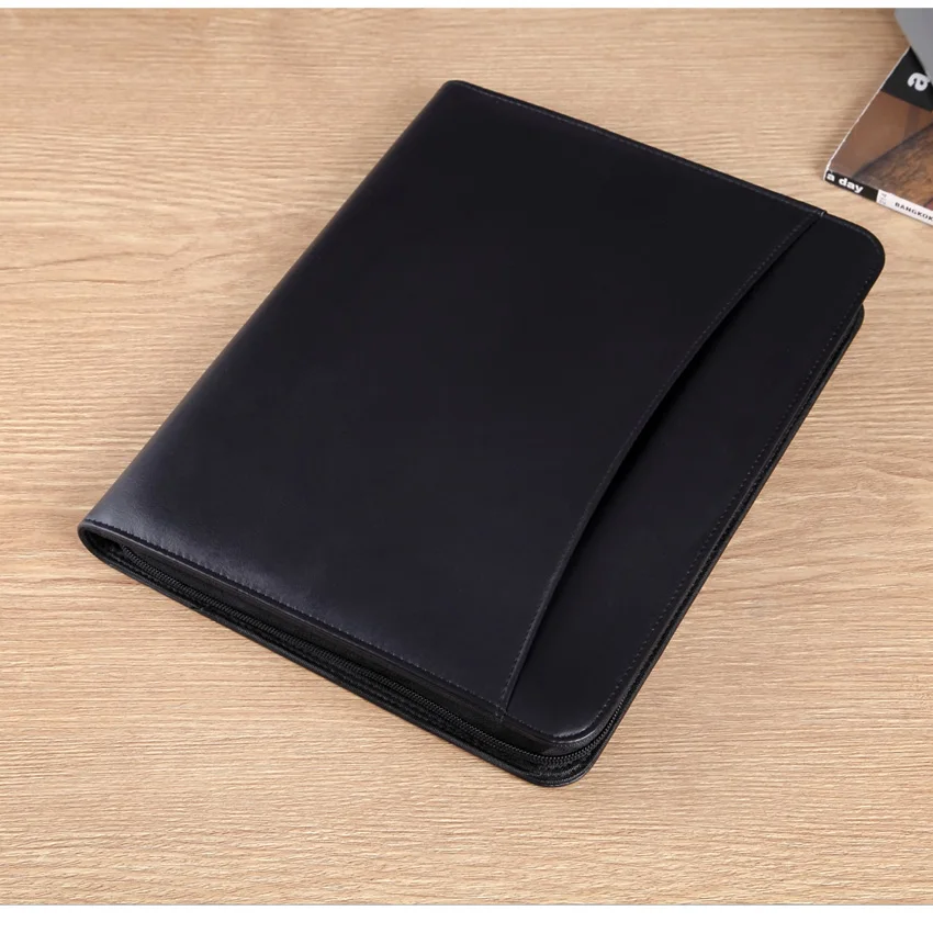 A4 leather document zipper bag black organizer bags men's manager bag briefcase for documents padfolio file zipped folder 1179B