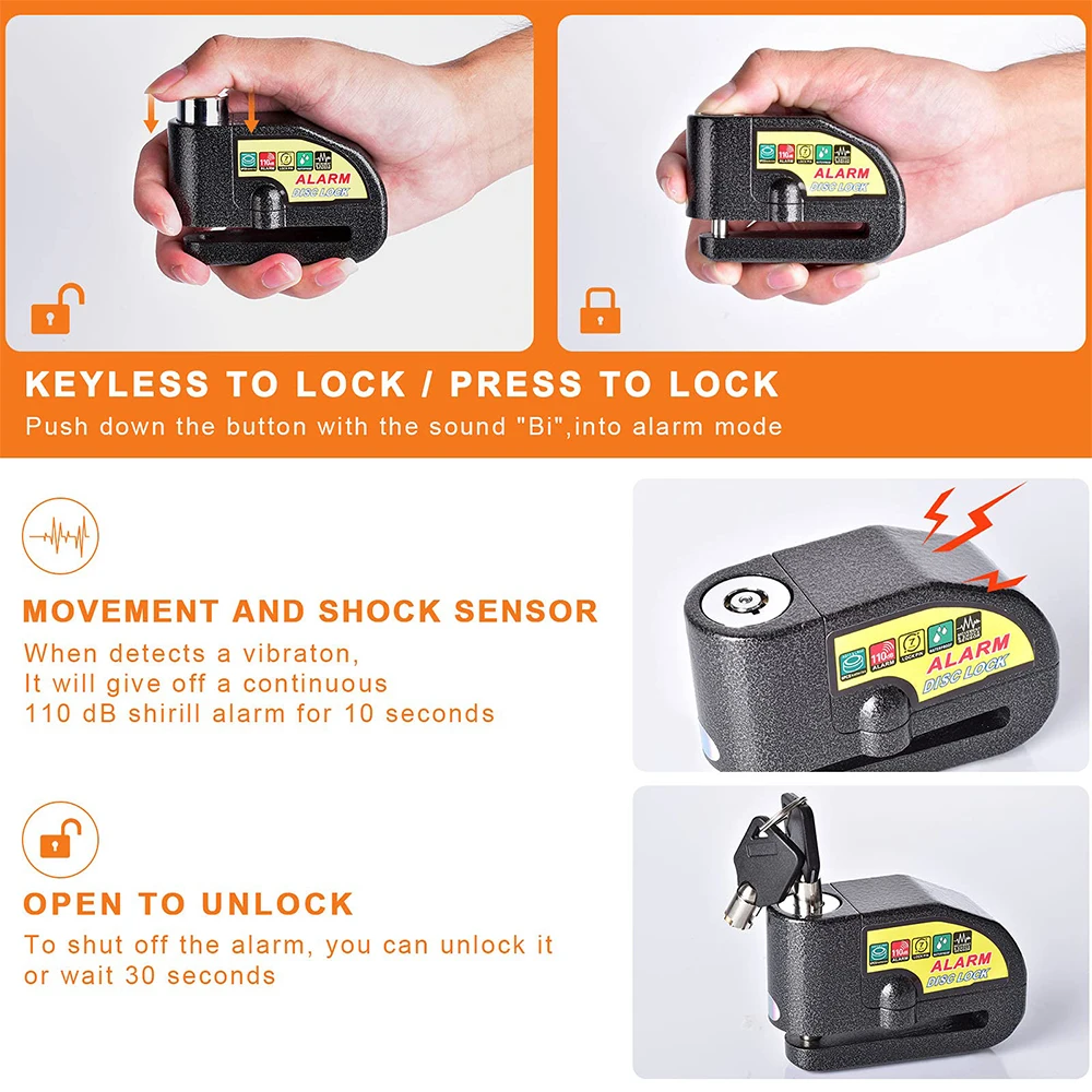 Ouspow Motorcycle Scooter Disc Brake Lock Alarm 110db Loud Waterproof Bicycle Anti-Theft Alarm + Reminder Rope