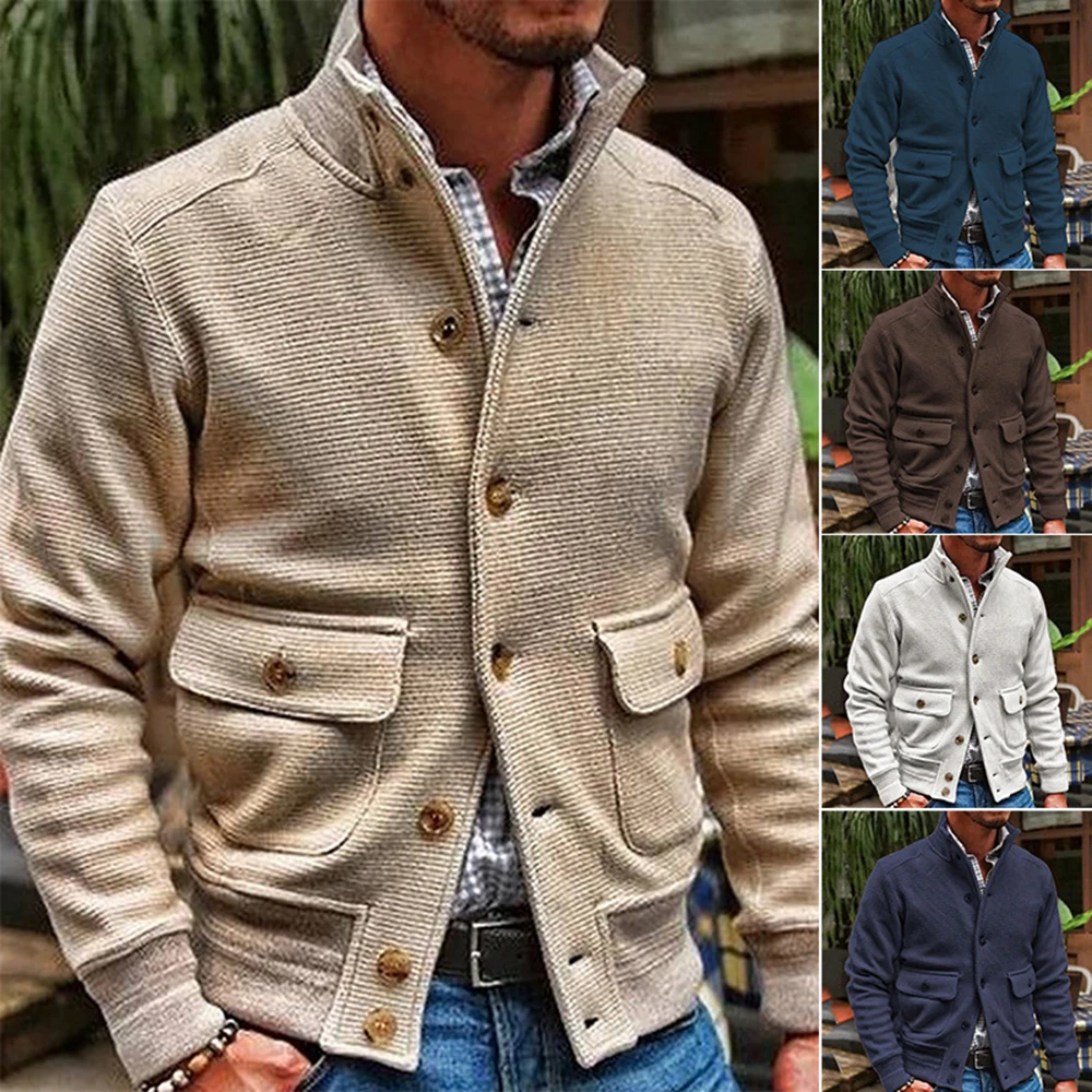 New Men Jacket Knitted Button Closure Solid Color Single-Breasted Streetwear Autumn Winter Stand Collar Suit Coat for Daily Wear