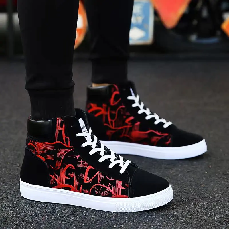 Men's High Top Shoes Breathable Sneakers Boys Winter Footwear Color Block Pattern round Toe Sport Casual Rubber Outsole - 4