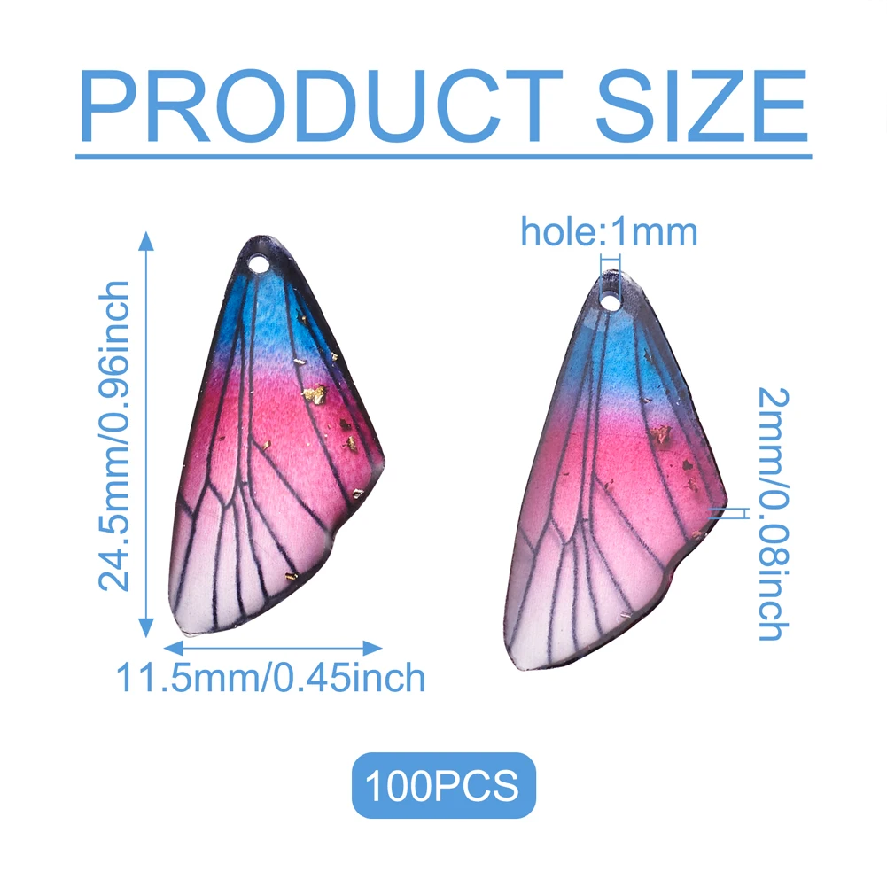 100Pcs Insects Wing Colored Transparent Resin Pendants with Gold Color Foil Charms for DIY Necklace Bracelet Jewelry Making