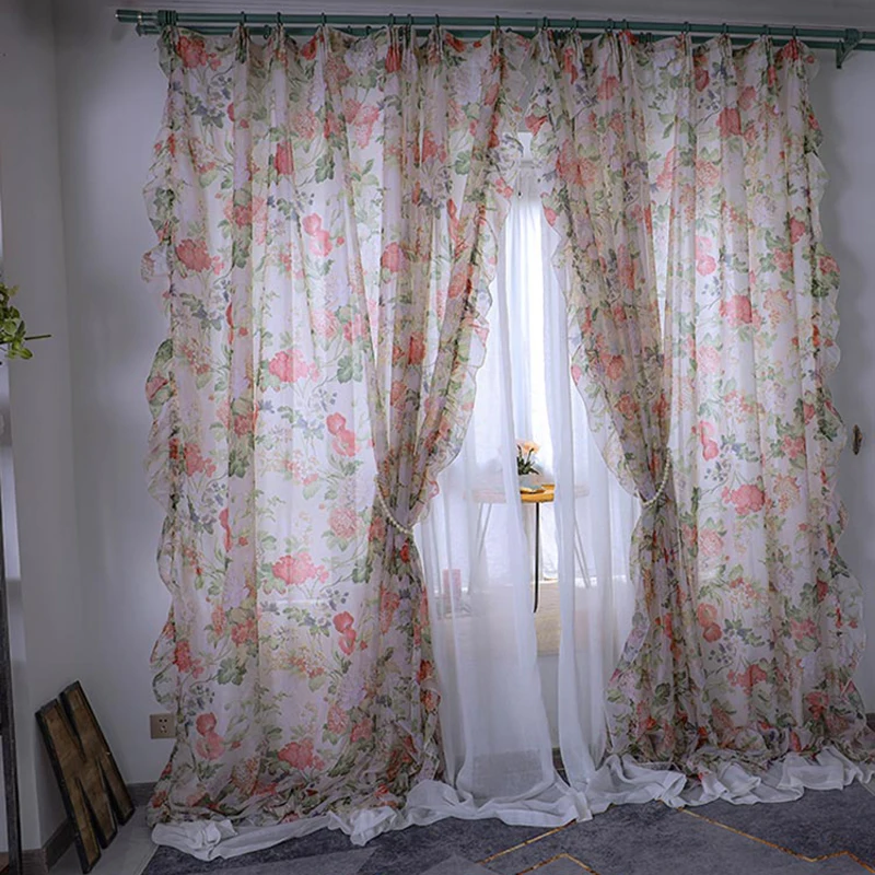 Flores pastorales de cortinas velos de tul para dormitorio, cortinas de gasa translúcida de encaje con volantes románticos para ventana, sala de estar y balcón