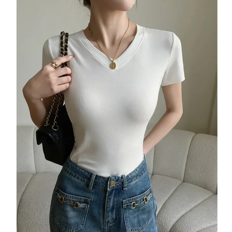

Solid color 280G Modert v-neck short-sleeved T-shirt women's summer casual slim women's blouse GRAY22