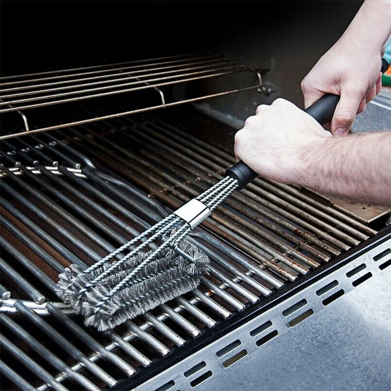 BBQ Grill Brush and Scraper Barbecue Kit Cleaning Brush Stainless Steel Tools Wire Bristles Triangle BBQ Cleaning Supplies