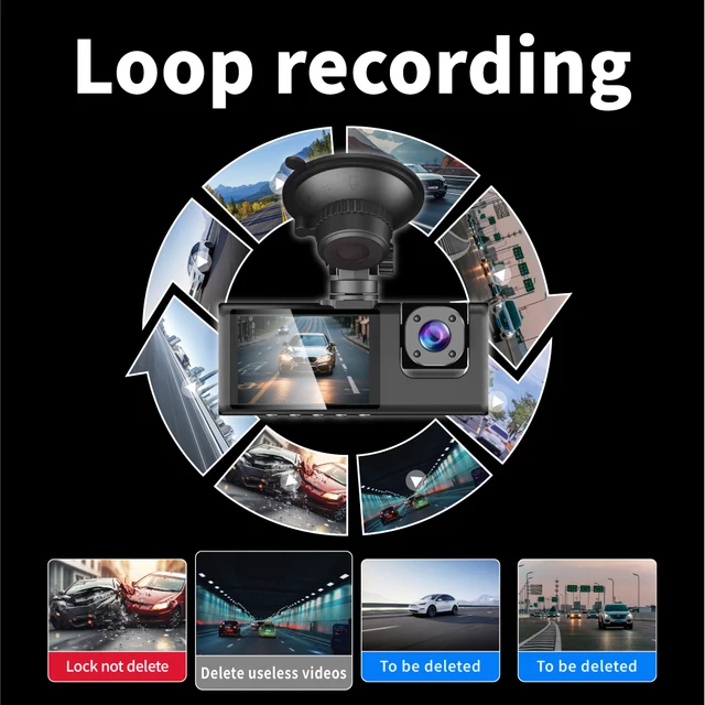3-Channel Dash Camera for Cars – HD 1080P Front, Inside, and Rear View Recorder with Night Vision and Loop Recording (Black) 5