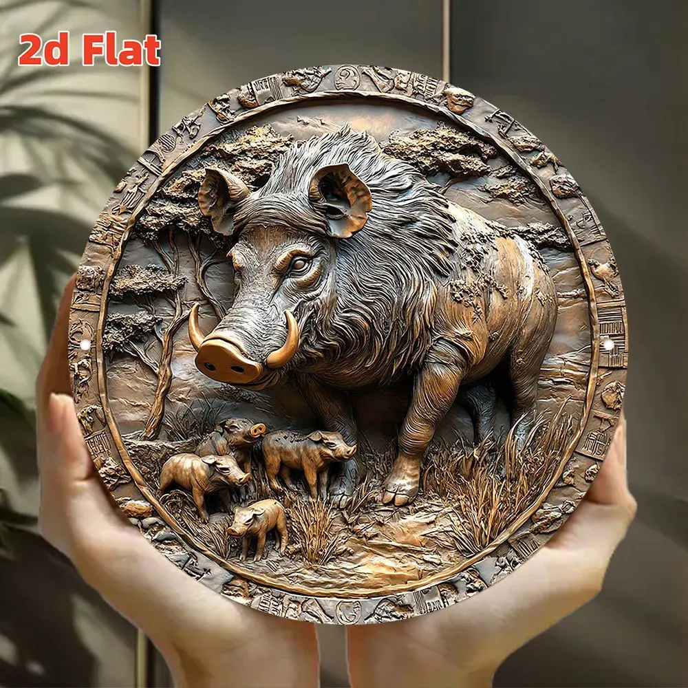 고화질 금속 양철 간판 3D 스타일 야생 멧돼지 가족 원형 벽 장식, 야생 동물..