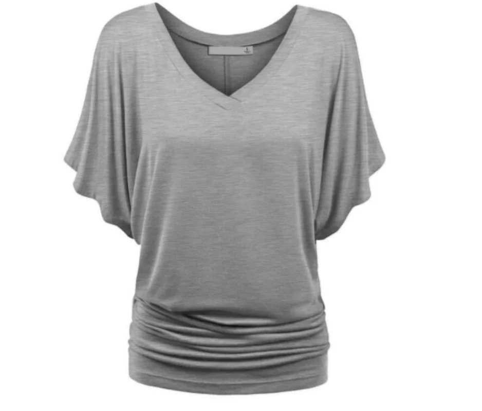 

Summer Batwing Short Sleeve Tops Tees Fashion Solid Tshirt Casual V Neck Vintage Clothes 2023 New Casual Loose T Shirt Women