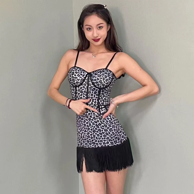 

Sexy Leopard Latin Dance Dress Summer Sleeveless Leotard Tassel Skirt Outfit Tango Rumba Dancing Competition Costume YS4136