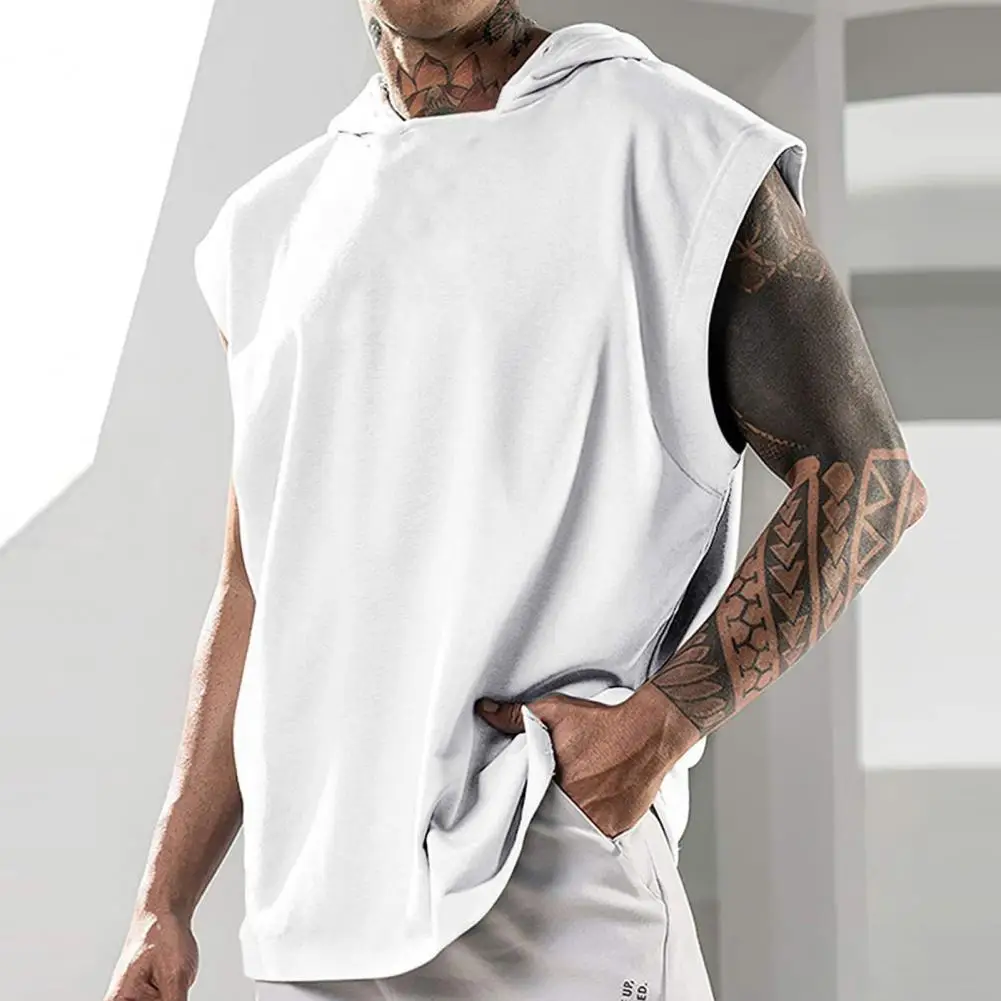 Men Hooded Tank Top Summer Hooded Tank Top Solid Color Sleeveless Loose Comfortable Men Top For Gym
