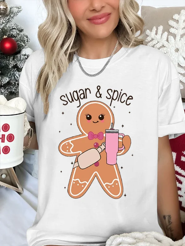 

Cute Cotton Gingerbread Girl with Love Print Lover T-shirt 2024 Hot Sale Voguish Casual Vintage Valentine's Day Couple Shirt