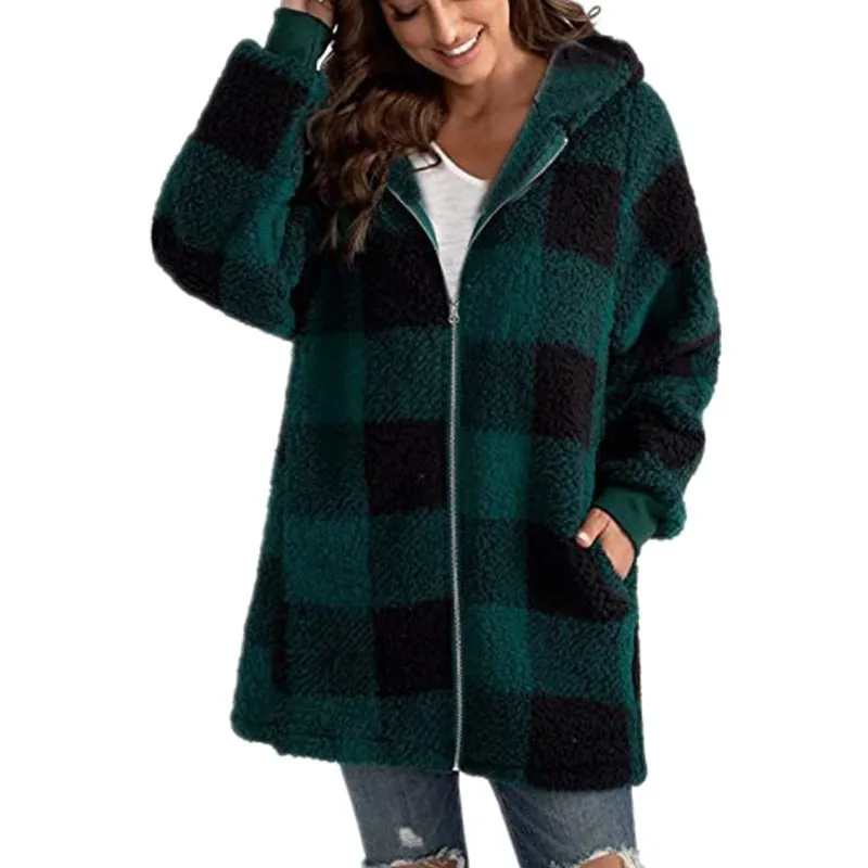 2023 Autumn Winter Plaid Faux Fur Coat Women  Coat Hooded Jackets Female Furry  Bear Plush Jacket Women