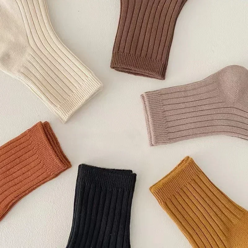 5Pairs Sporty Fashion Kids Calf Sock for Boy Girl Korean Chic Beige Coffee Color Sock Cute Autumn Spring Soft Cotton Sock