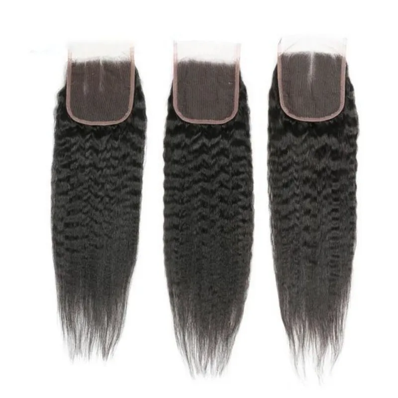 Human Hair 4x4 Kinky Straight Lace Closure 150% Density 10-20 Inch Full End Natural Color Pre-Plucked Raw Indian Hair