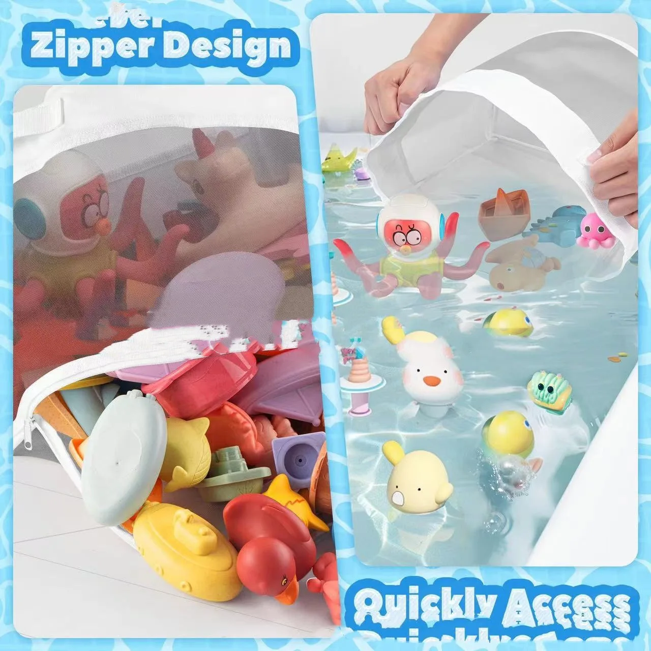 Quick access to bathtub, baby toys, bath, miscellaneous items storage net, bathroom miscellaneous items storage bag