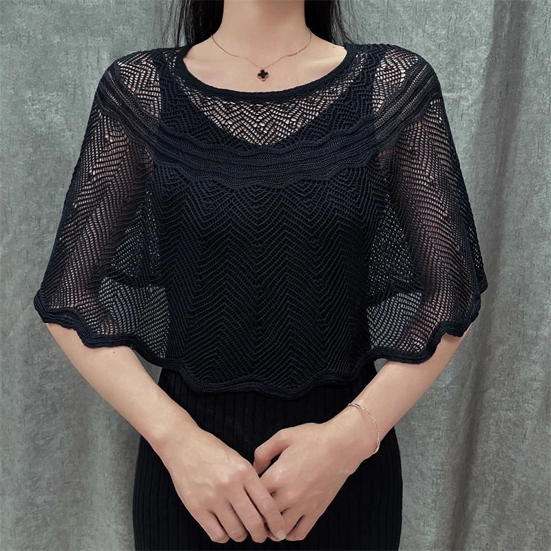 S7965c131b6ad42488514d7a48dbe411cN Korean Ice Silk Hollow Knit Sunscreen Shawl Female Summer Air Conditioning Neck Protection Pullover Knit Blouse Women's Cape V35 Mallzona