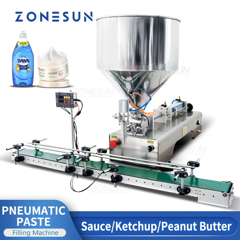 

ZONESUN ZS-GTPC1 Paste Filling Machine Pneumatic Viscous liquid Chili Sauce Gel Peanut Butter with Conveyor Packaging Production