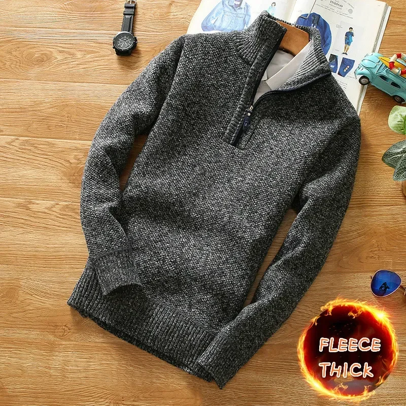 

Winter Men's Fleece Thicker Sweater Half Zipper Turtleneck Warm Pullover Quality Male Slim Knitted Wool Sweaters for Spring