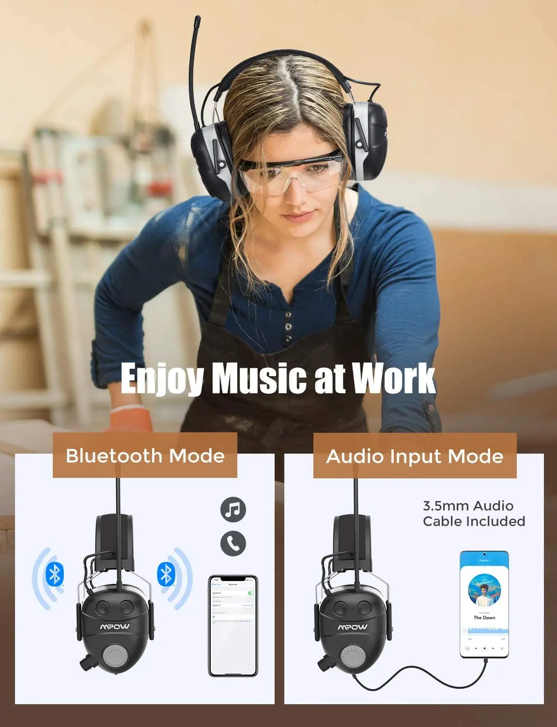 Mpow Bluetooth Ribillió Mérséklés Fül muffs vel microph AM/FM Rádióadó Fül Hallás védelem NRR 29db/ SNR 32db Ribillió Mérséklés