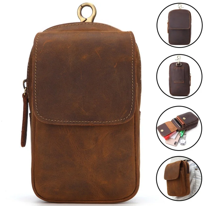 Retro Men Cow Leather  Belt Bag Multifunction  Waist Bag Cellphone Bag Leisure Fanny Pack