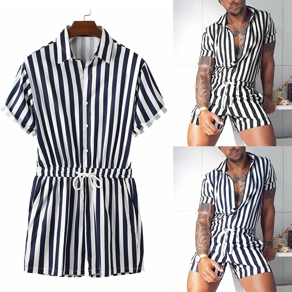 

Casual Men Short Sleeve Striped Rompers Button Shorts Jumpsuit Drawstring Streetwear Hombre Beach Wear Hawaii Playsuit Overalls