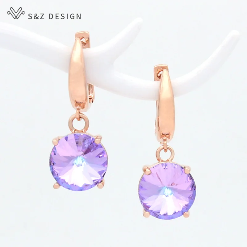S&Z DESIGN New Colorful Round Large Crystal Dangle Earrings For Women Wedding Jewelry Fashion 585 Rose Gold Color Eardrop Gift
