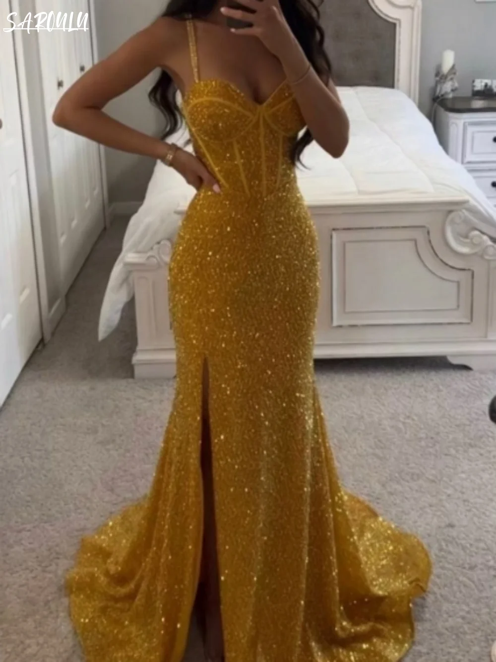 

Sparkly Spaghetti Straps Evening Dress Prom Yellow Straight Bride Robe Graceful Floor-length Bridal Dresses Vestidos De Novia