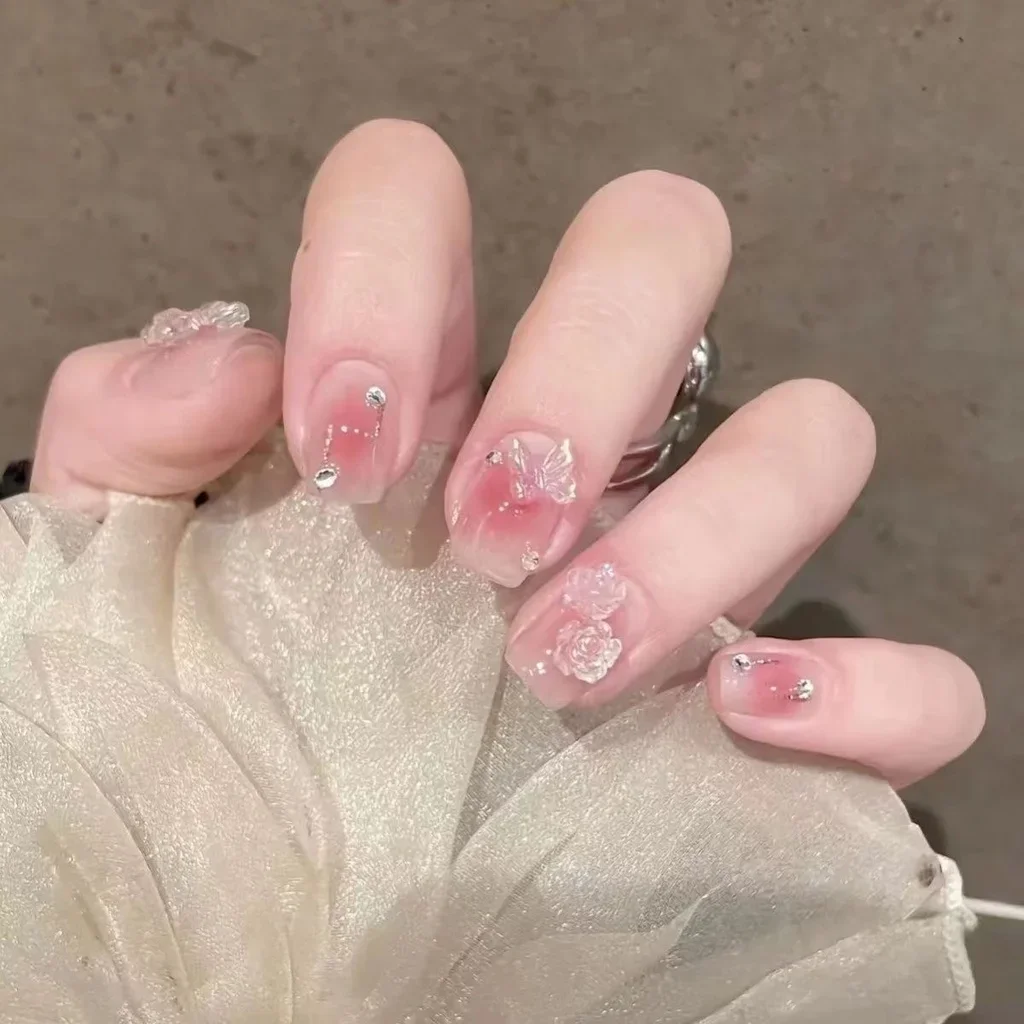 Aurora Bow Camellia Handmade Nail Art Gentle Peach Blush Fake Nails Short Wearable Nails Girl Gift