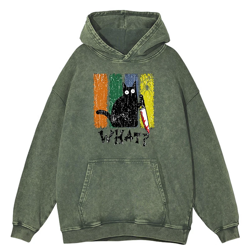 thumbnail image 1 of Sudadera con capucha retro desgastada con diseño de gato negro y cuchillo para hombre, moda de gran tamaño, cálida, 100 % algodón, ropa de calle, sudadera holgada, 1 of 4