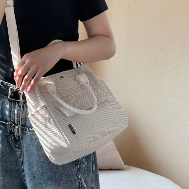 Literary Corduroy Multi-pocket Hand-carried Cross-body Tote Bag for Students Simple and Versatile Portable Lunch Box Bag