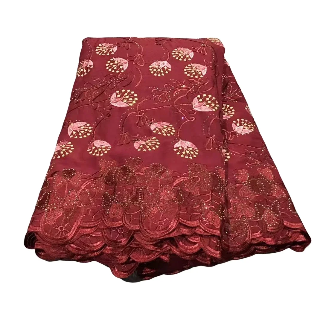 

Новейшая винная хлопчатобумажная швейцарская вуаль, нигерийская кружевная ткань с камнями 2024, африканская французская кружевная ткань для пошива фотоплатья LPL2401