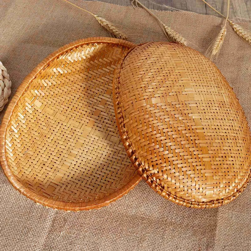 Handmade Weaving Storage Trays Bamboo Sieve Raft Round Dustpan DIY Decorative Fruit Bread Basket Kitchen Storage Home Decor