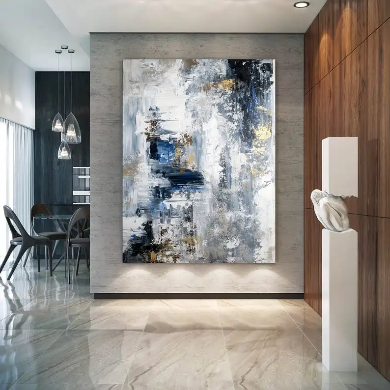 

Extra Large Wall Art-Original Abstract Painting,Blue Grey White Gold Painting, Home Decor,Palette Knife ArtBig oil painting huge