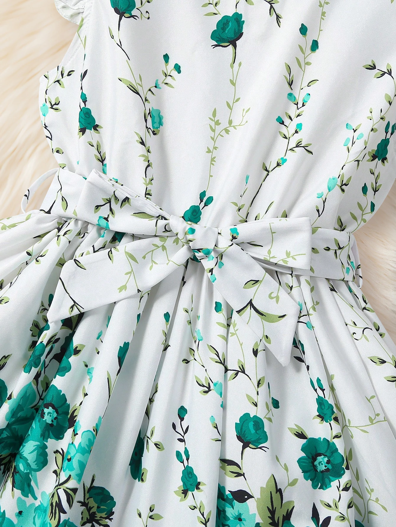 Girls Dress Summer Green Flower Belt Lotus Sleeves Fashion Children's Clothing 4-7Y
