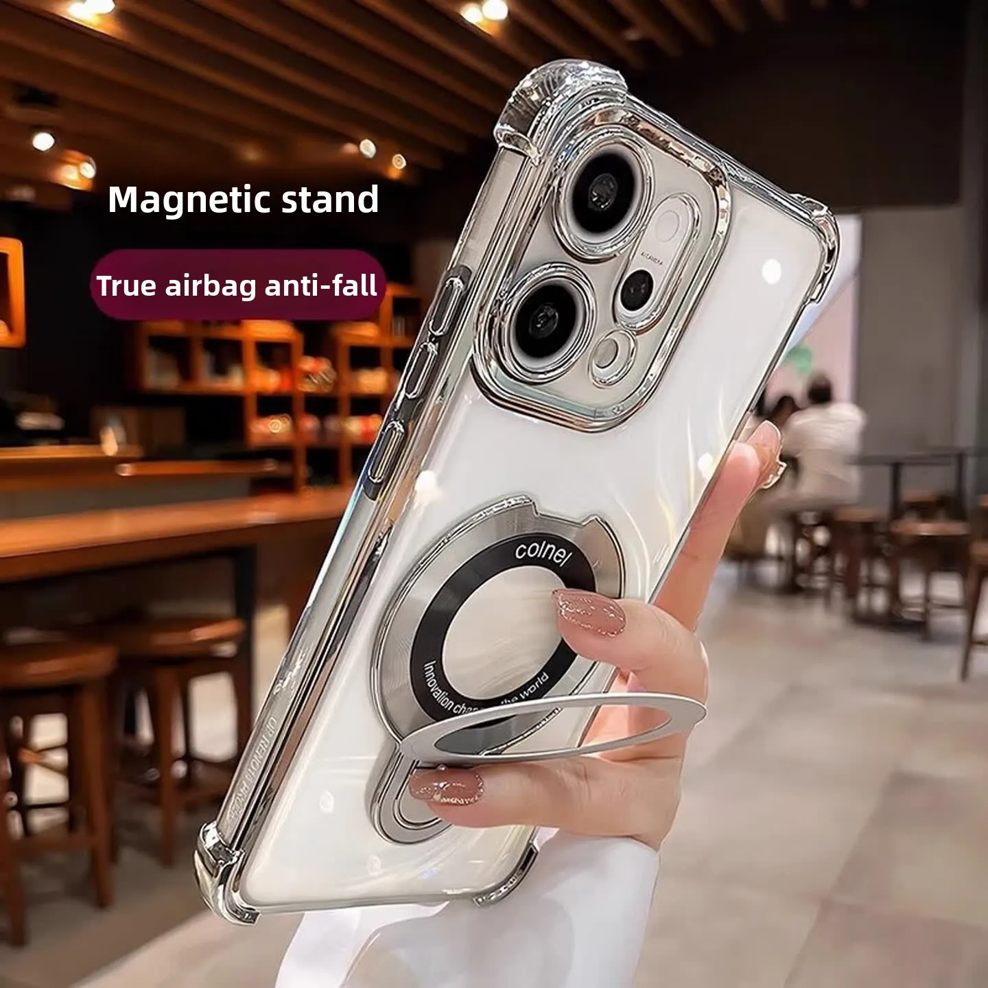 Magnetic U-Shape Stand Transparent TPU Case with Built-in Lens Film