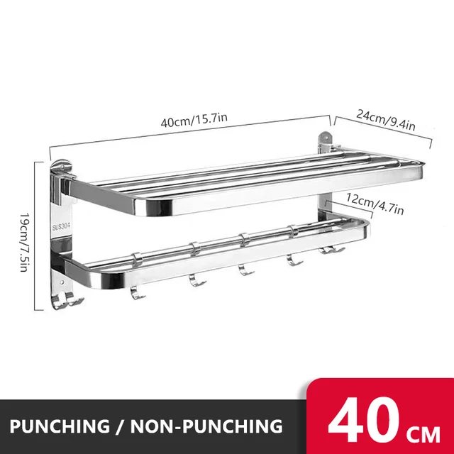 Fürdőszoba Polc Rozsdamentes Acél Összecsukható Törülköző Csiszolt Törülközőtartó Tároló Horog Szervezővel - Image 6