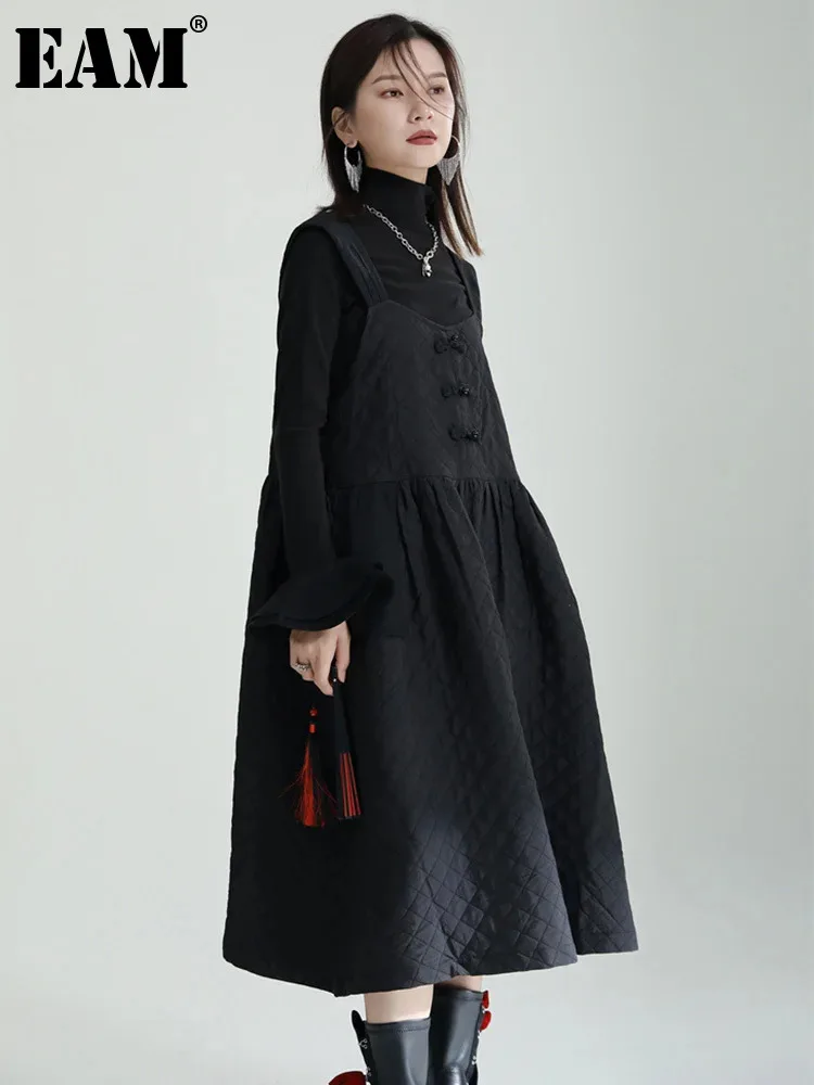 

[EAM] Women Black Bandage Cotton-padded Long Dress New Round Neck Sleeveless Loose Fit Fashion Tide Autumn Wnter 2024 1DF3235