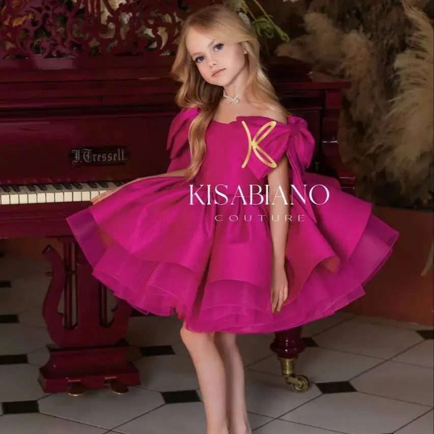 

Puffy Fuschia Ball Gown Flower Girl Dresses Tiered Mini Kids Birthday Party Gowns Bows Short Little Girls Wedding Guest Gowns