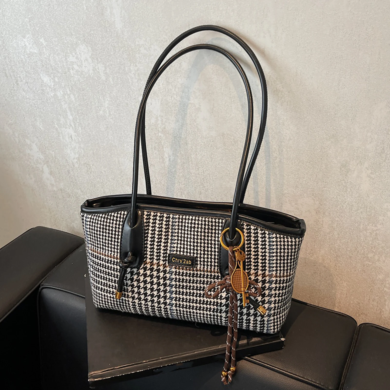 Women Woolen Shoulder Bag Large Handbag Trendy Underarm Bag with Pendant for Work Shopping Travel Daily