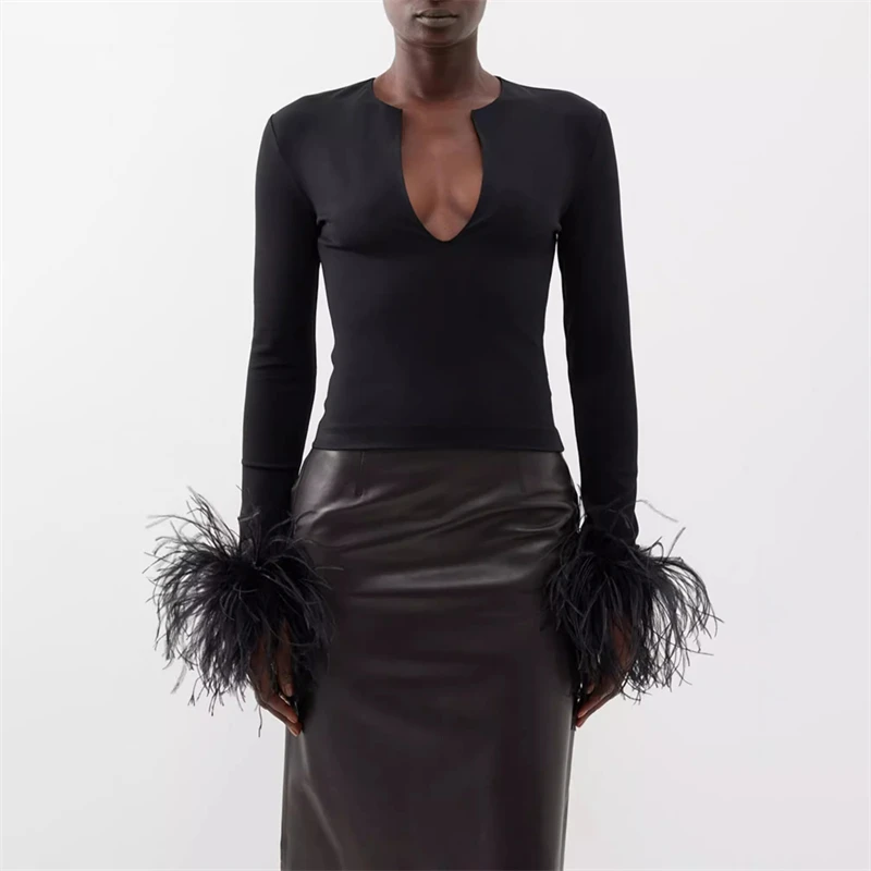 

2024SS new women's V-neck ostrich feather splicing long-sleeved T-shirt y2k fashion casual elastic slim short bottoming shirt