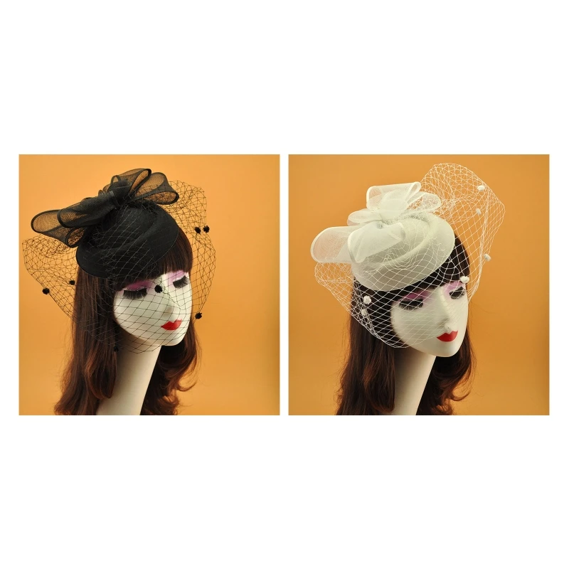 

Pillbox Hat Hair Clip with Veil Mesh Bowknot Headwear Wedding Photo Props Drop shipping
