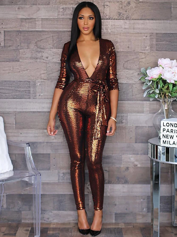 Midnight Brown Glitter Sequin Skinny Jumpsuit for Women Deep V Neck